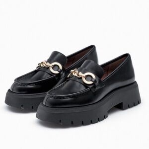 Zara Black Loafers with Gold Chain Detail